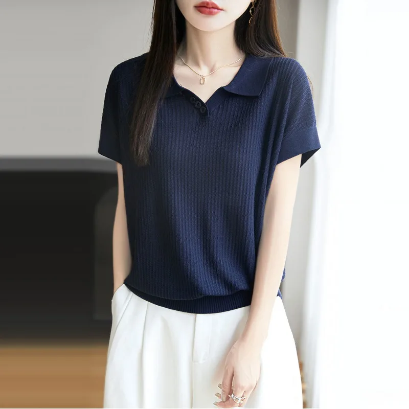 Women  Ice Silk Knit Polo Shirt Summer Solid Color Loose Short Sleeve Casual Top