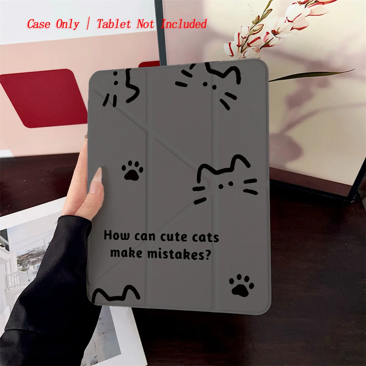 Modern Adorable Y-Fold Acrylic Cat Silhouette&Paw Print Motifs iPad Cover For Apple iPad 9th-10th Gen Air5 Mini6 Shockproof Case