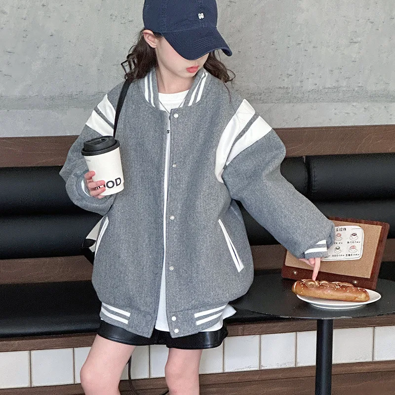 女子学生コート秋コントラストカラーラウンドネックジュニアガールズジャケットシングルブレスト長袖子供女の子アウター