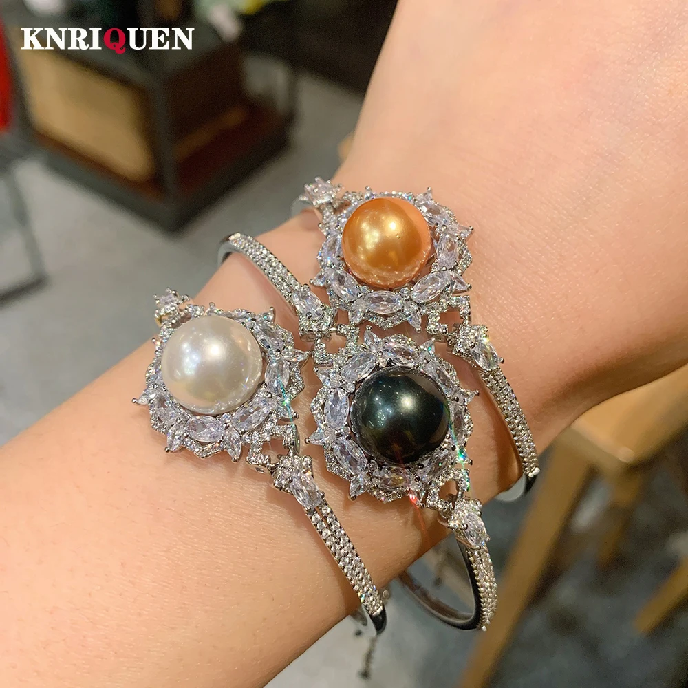 Luxury Wedding Bracelets for Women Charms High Carbon Diamond White Gold Color 14mm Pearl Party Fine Jewelry Girl Birthday Gift