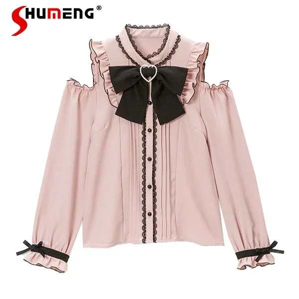 

Women's Clothes 2023 New Autumn Shirts Fashion Off-Shoulder Single-Breasted Bow Long Sleeve Loose Comfort Sweet Cute Tops