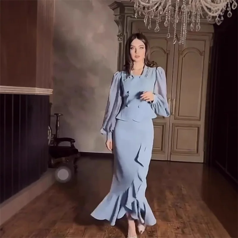 

Saudi Arabia Blue Prom Dress 2 Pcs Women Suit Skirt Set Crystals Blazer+Mermaid Formal Pageant Robes Autumn Party Evening Gown