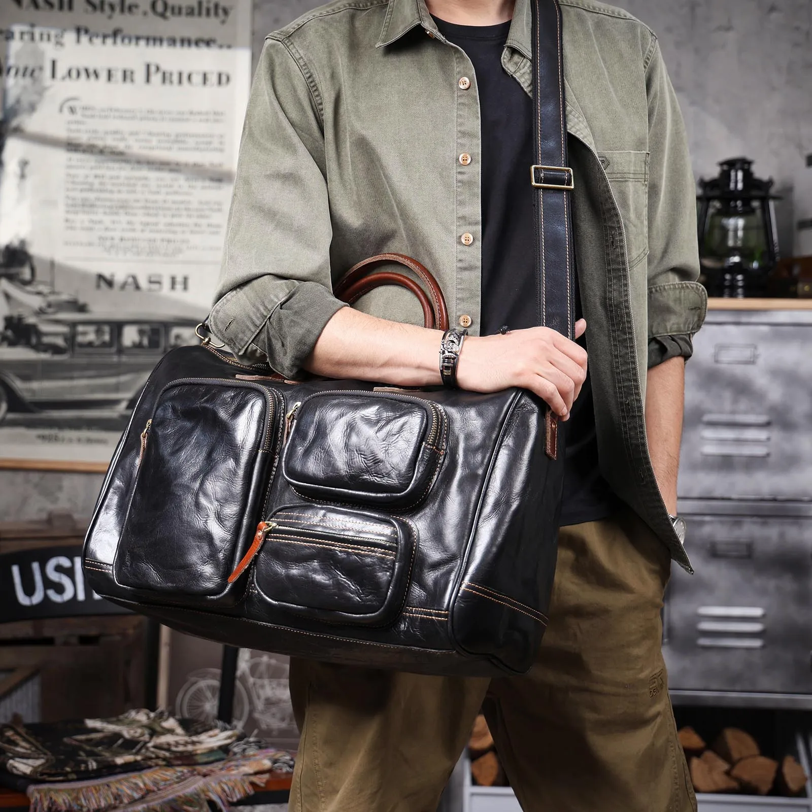 S.WORKER Vintage Echtleder-Reisetasche Italienische Rindsleder-Reisetasche Herren-Weekender-Tasche Sporttasche Handgepäck – Detail 5