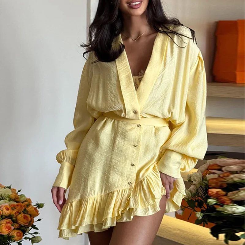 

Women's clothing 2025 summer new V-neck loose lantern sleeve shirt ruffled skirt two-piece club clothing Vestidos