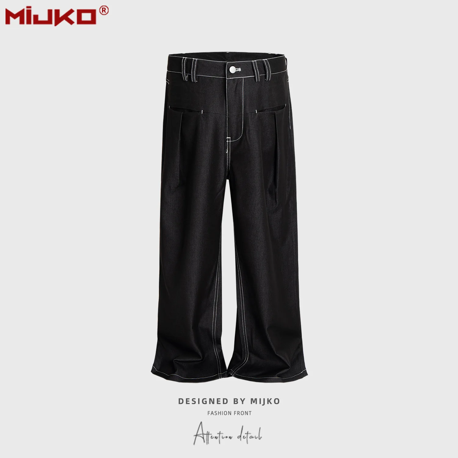 

Unisex Wide Leg Flared Pants Topstitching American Deconstruction Black Casual Pants C909