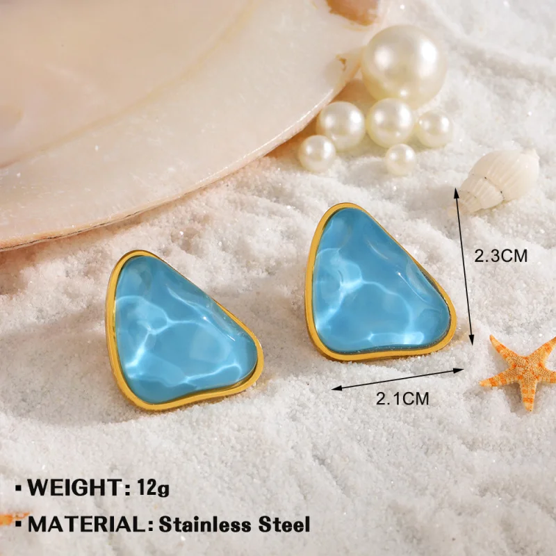 Triangle Stainless Steel Earring Ring Beach Vacation Style Personality Blue Sparkling Ornament Suit Wholesale