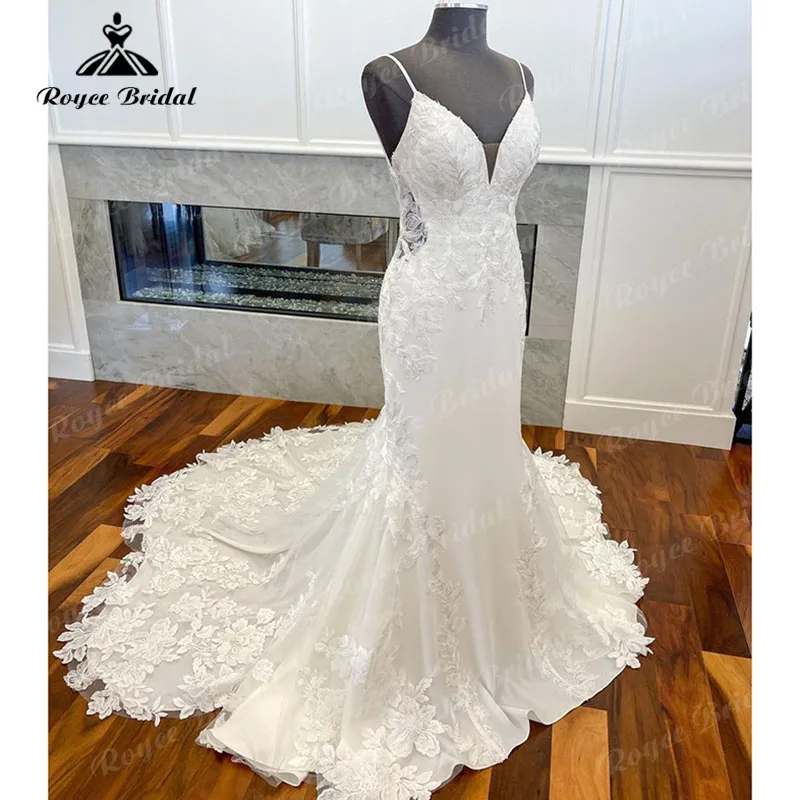 Roycebridal-vestido de noiva em V, cintas de espaguete, sereia, trompete, boho, vestido nupcial sem costas, robe nupcial sexy, 2023