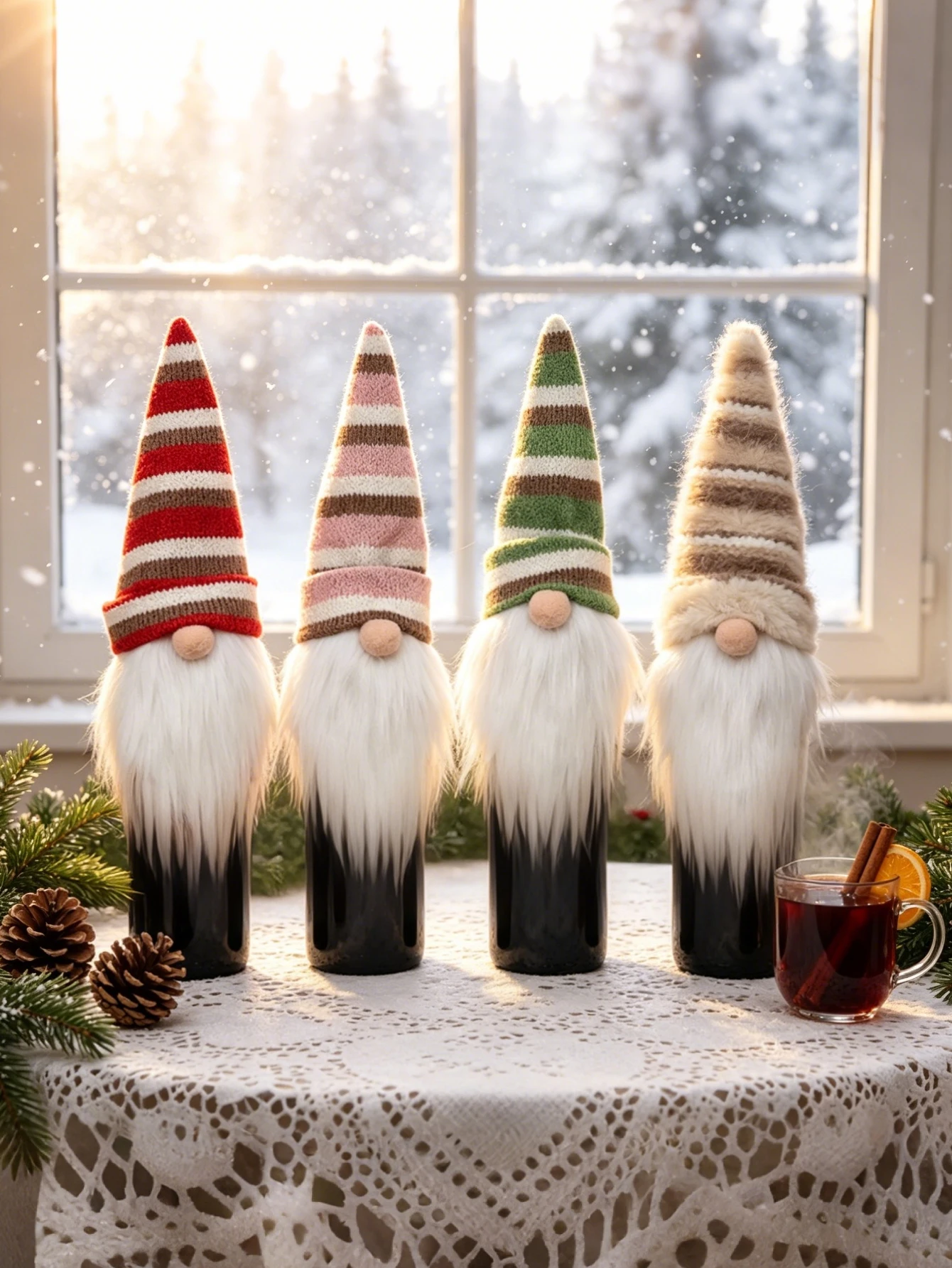 1pc Striped Christmas Gnome Wine Bottle, Scandinavian-Style Christmas Table Decoration Champagne Bottle Sleeve