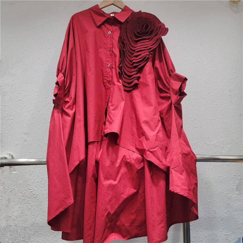 Summer Long Shirt with Irregular Design and Bat Sleeves Three-Dimensional Floral Loose Jacket Coat for Women