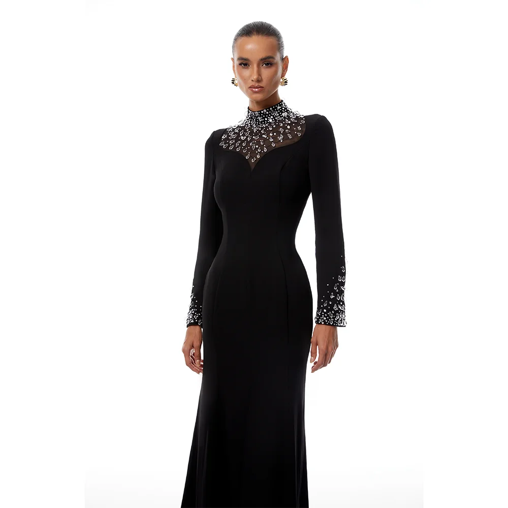 Aangepaste hoge kraag lange avondjurken Elegante formele gelegenheid galajurken Kristal 2025, enkellange galajurken