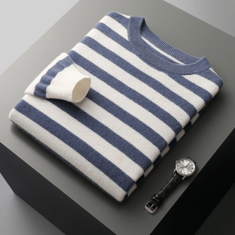 2023 autumn and winter new men\'s cashmere sweater 100% pure wool classic striped round neck loose pullover bottoming sweater