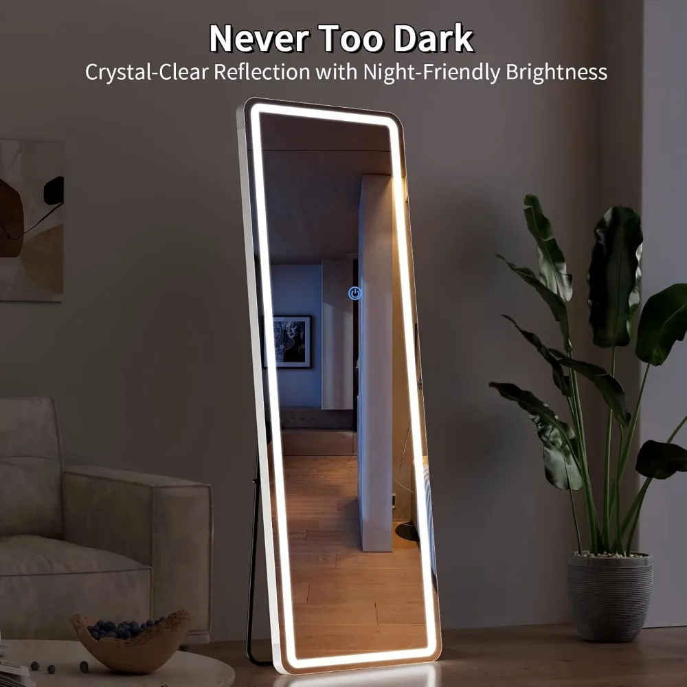 Miroir de sol éclairé sur toute la longueur avec support, miroir corporel éclairé 63x20 pour la maison et la mode