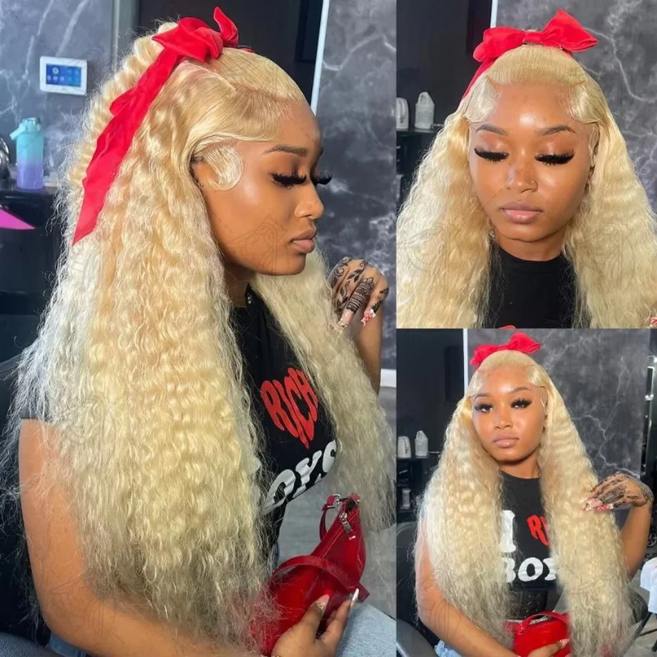 200% 250% Density 613 Blonde Lace Front Wigs Deep Wave Human Hair 13x4 Hd Lace Frontal Wig Pre Plucked Brazilian Ponytail Human Hair Lace Frontal Wig For Women Ready to Wear On Clearance Sale Pre Pluc image 5