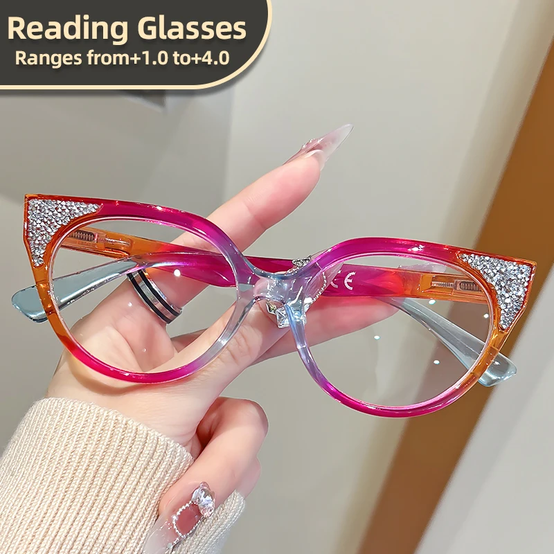 نظارات قراءة بإطار دائري على شكل عين القطة مرصعة بالألماس من Oyalie، تفاصيل عين القطة الكلاسيكية مع زخارف ماسية، حرفية رائعة، مصممة لتقليل العمر وتعزيز الأناقة، مناسبة لنطاق وصفة طبية من +1. 00 إلى +4. 00