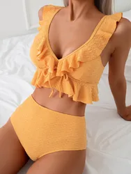 Sexy wzburzyć trójkątne Bikini Set liść stroje kąpielowe z nadrukiem kobiet wysokiej talii strój kąpielowy kobiety wyściełany strój kąpielowy zasznurować powrót stroje kąpielowe