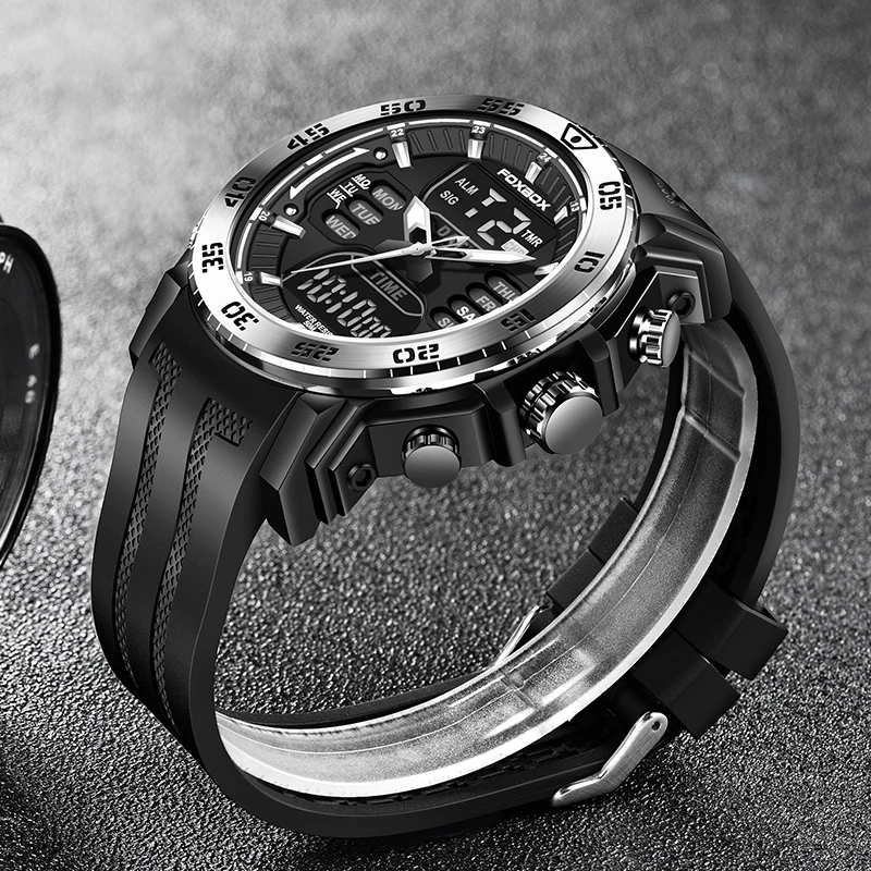 ساعة FOXBOX للغوص للرجال من أفضل العلامات التجارية الفاخرة، ساعة رجالية رياضية خارجية مقاومة للماء، ساعة يد كوارتز رقمية مضيئة للرجال