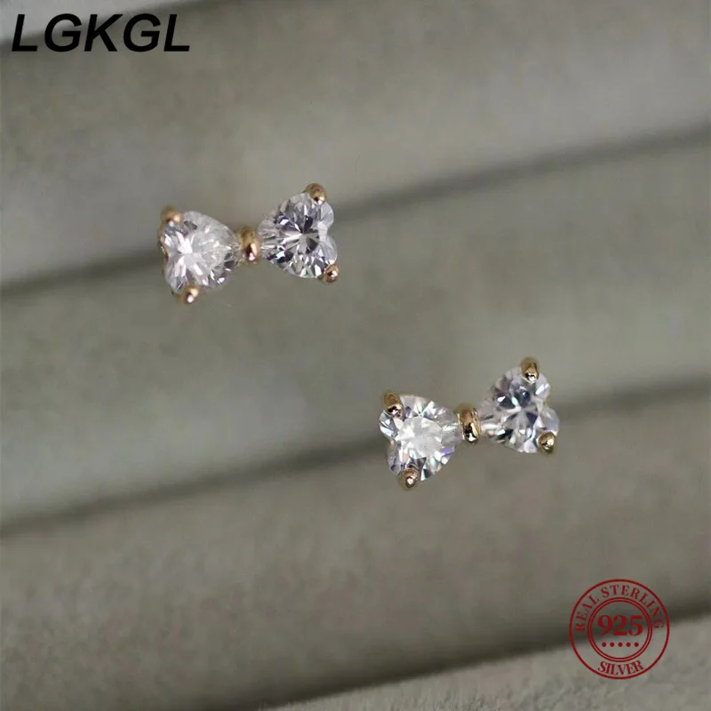 

LGKGL Read 925 Sterling Silver Plating 14k Gold Inlaid Crystal Simple Bow Earrings Women Small Girlfriends Jewelry Accessories