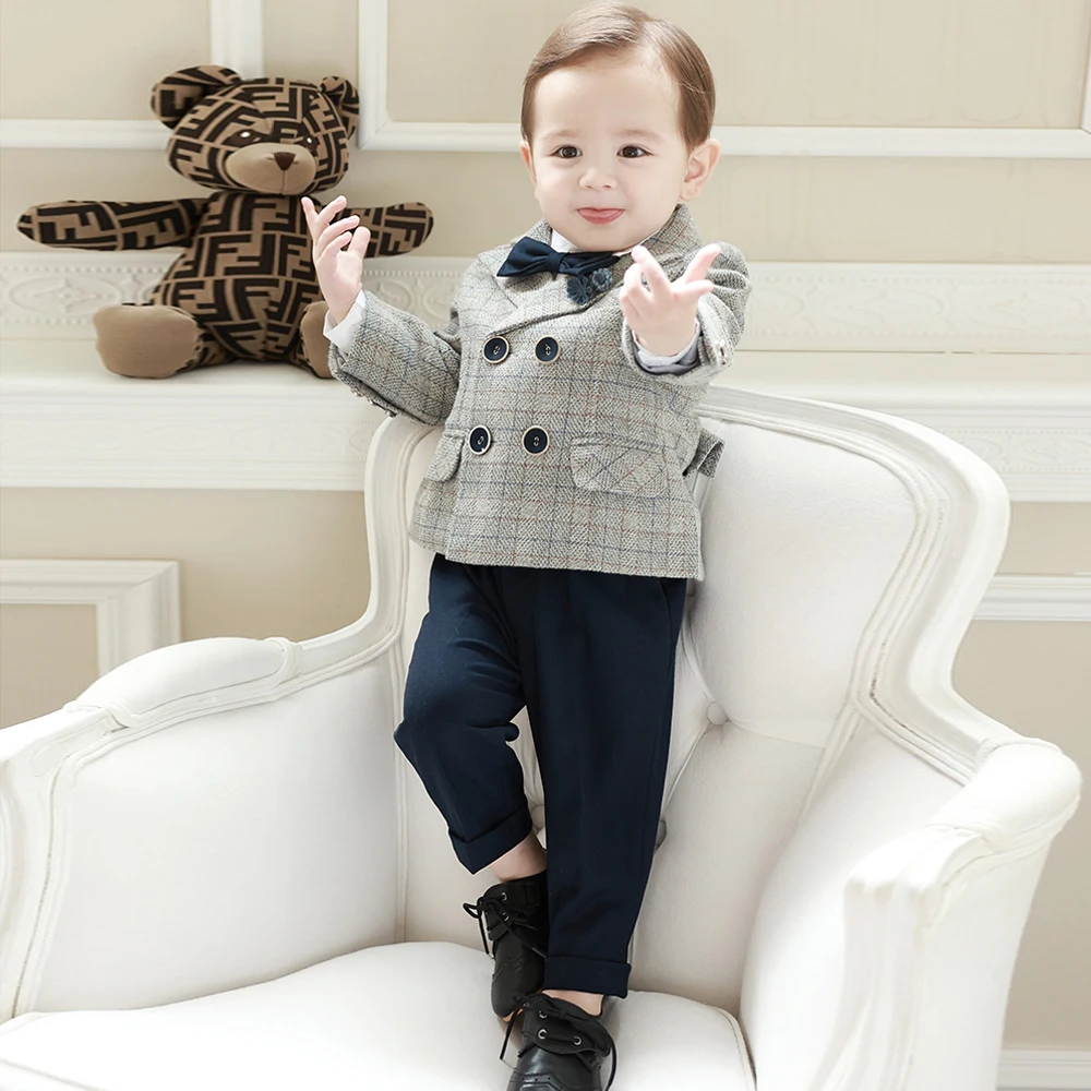 

New Kids Formal Plaid Suit Children Boys Wedding Birthday Party Jacket Baby Blazer Pants With braces Bow tie Clothes Set Outfit