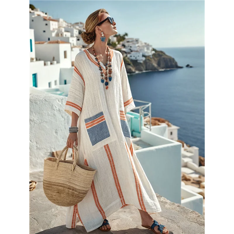 ASDS-Women's Summer Loose Oversized Cotton Linen Dress V Neck Boho Color Block Long Kaftan With Split
