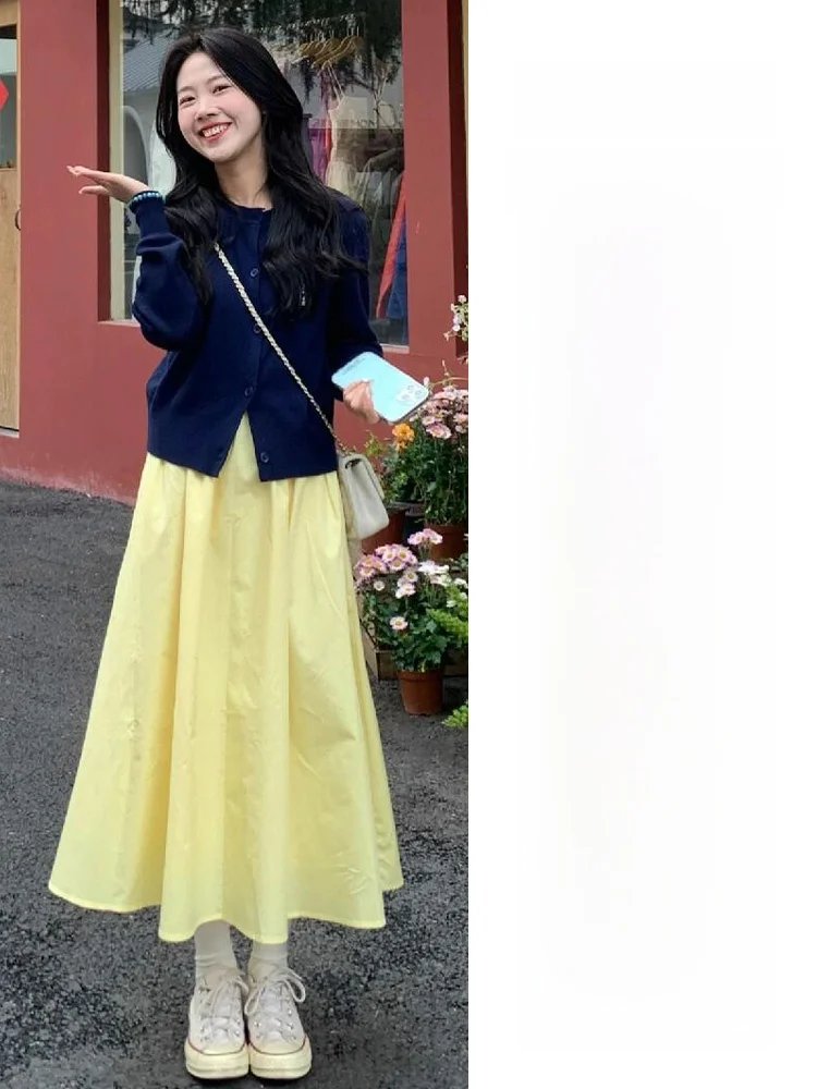 Dopne gele hoge taille A-lijn midi rok dames lente herfst 2025, nieuwe kleine maat bergpatroon f-lengte rok