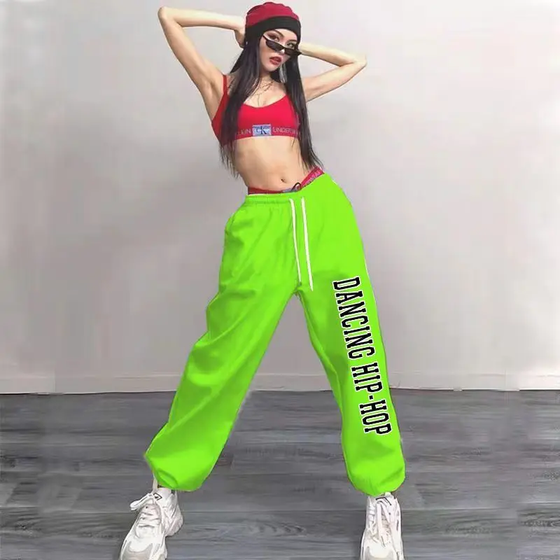 المرأة شخصية إلكتروني طباعة Sweatpants الكورية نمط العصرية الجاز بنطلون رياضي عادية فضفاض عالية الخصر الرقص بنطال رياضي