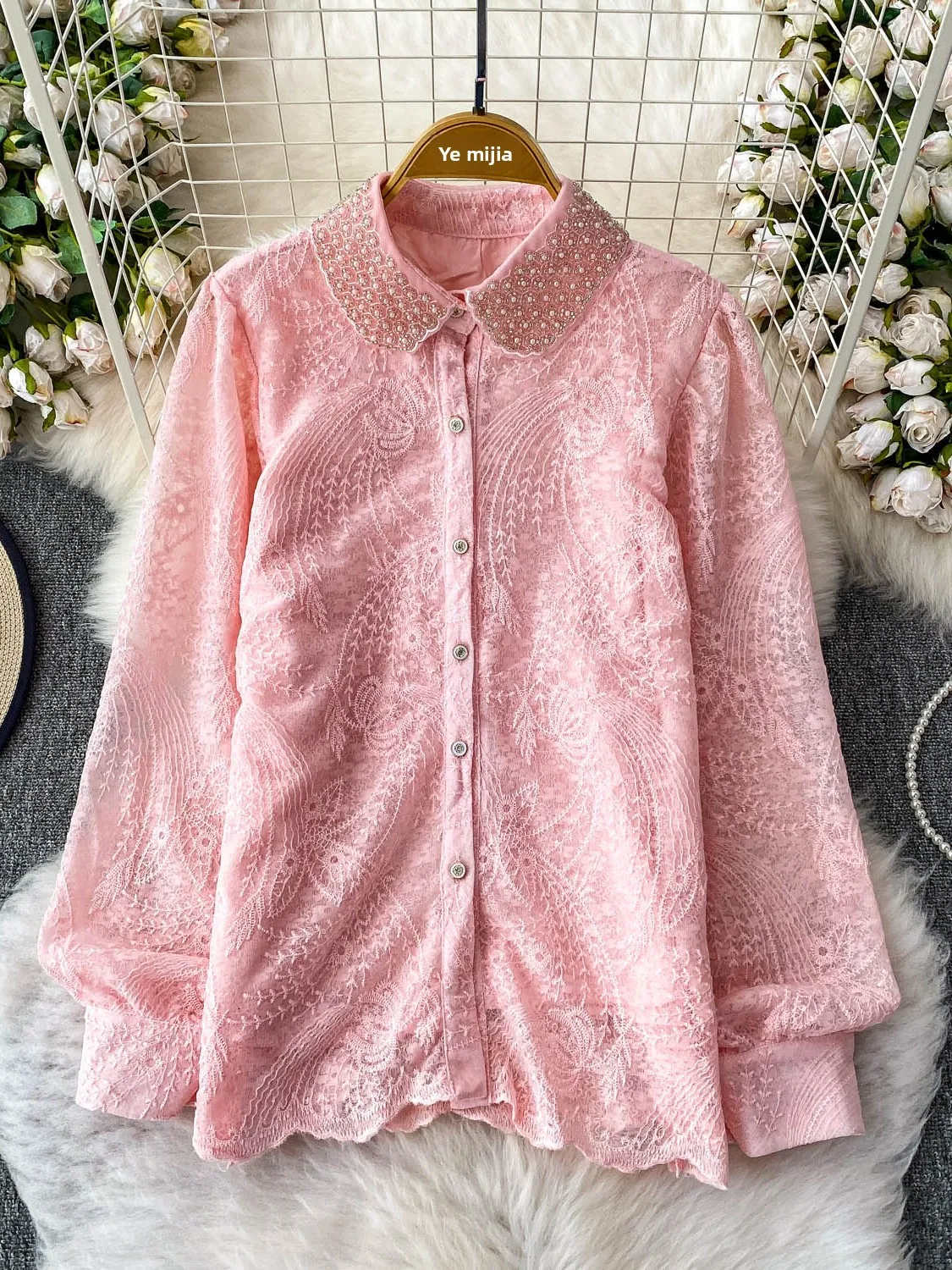 

Ele Pearl Embroidery Lace irt Women's Loose Fit Long Sve Summer Top Anti-Wrinkle Korean Sle Commute Faion