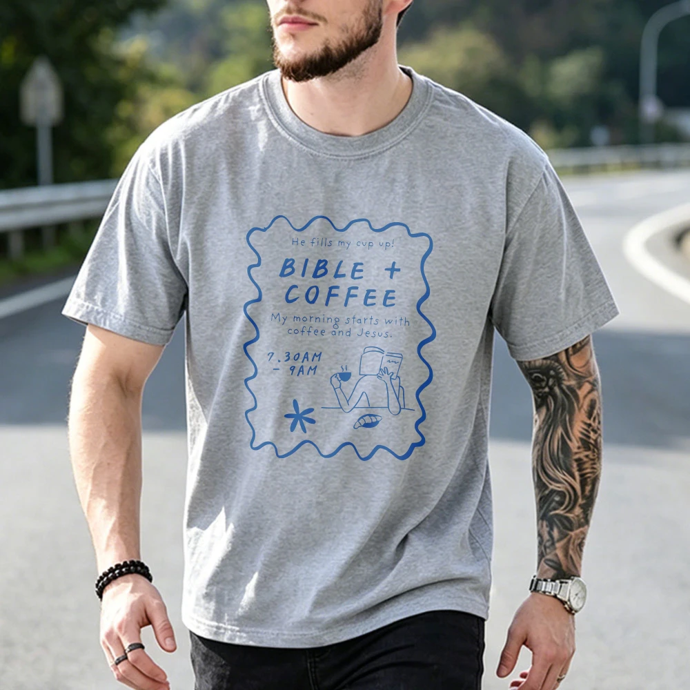 Bible Coffee Morning Faith Wavy Border Graphic T Shirt Women Simple Line Scripture Print Tee Fun Christian Barista Cotton Tops