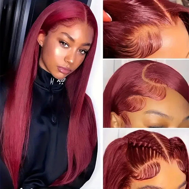 Прямые 13 × 4 парики фронта шнурка, человеческие волосы, бордовый, плотность 220, прозрачные, предварительно выщипанные, красный цвет, кружевные фронтальные парики для женщин 99J
