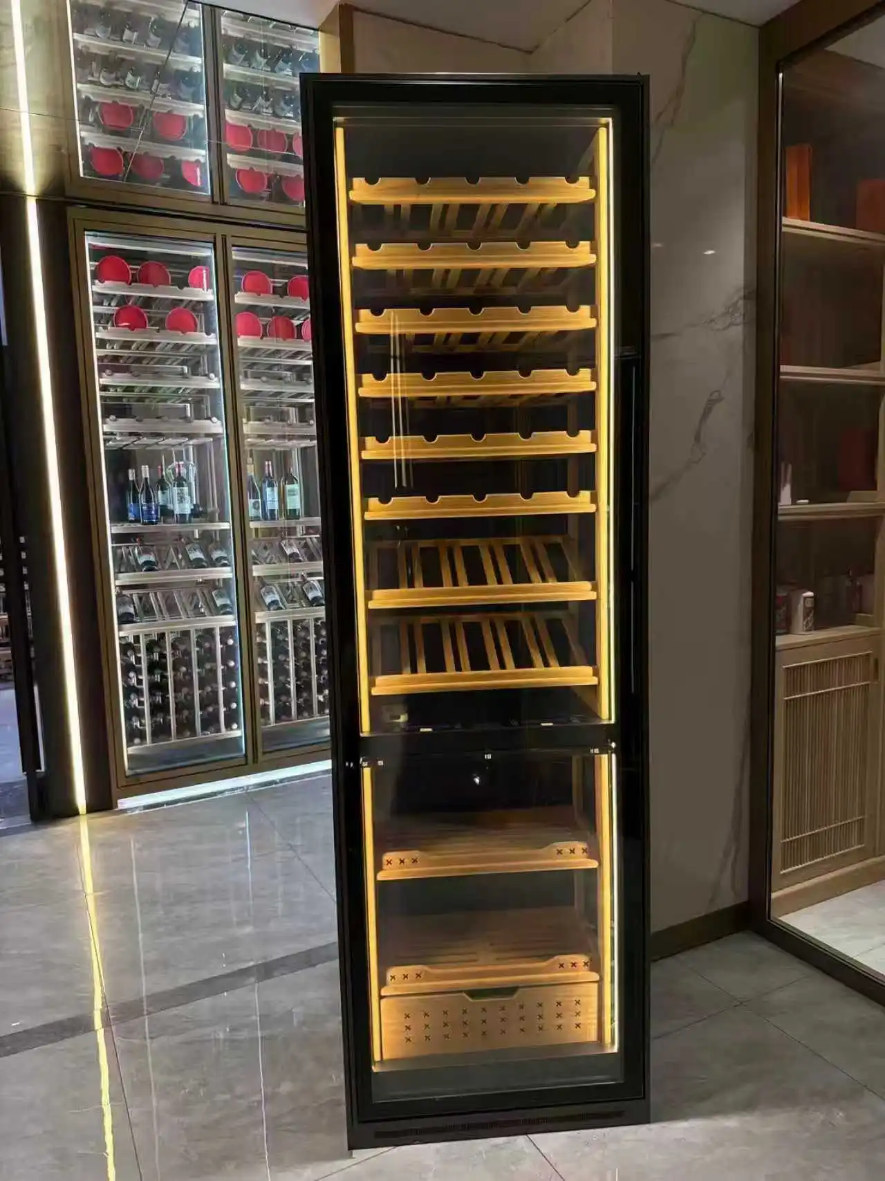 Cigar Humidor Wine Cooler Cabinet 12-18 Temperature 60-80% Humidity Control Compressor Refrigeration Oak Cedar Wood