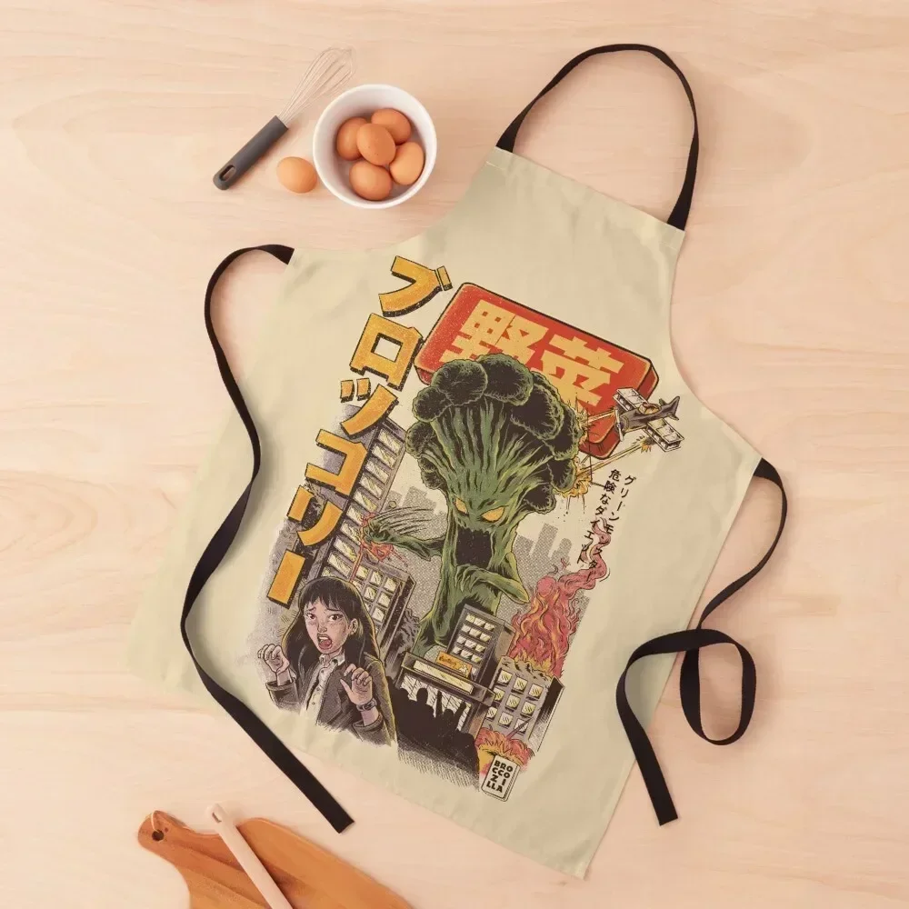 

THE BROCCOZILLA Apron Kitchen Kawaii Accessories Woman Kitchen painting Manicurists Apron