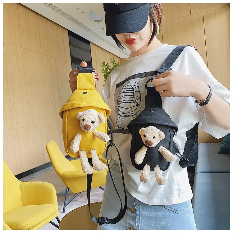Women Waist Pack Canvas Waist Bag Zipper Crossbody Teddy Bear For Camping Hiking Lady Femme Sacos De Ombro Chest Crossbody Bag