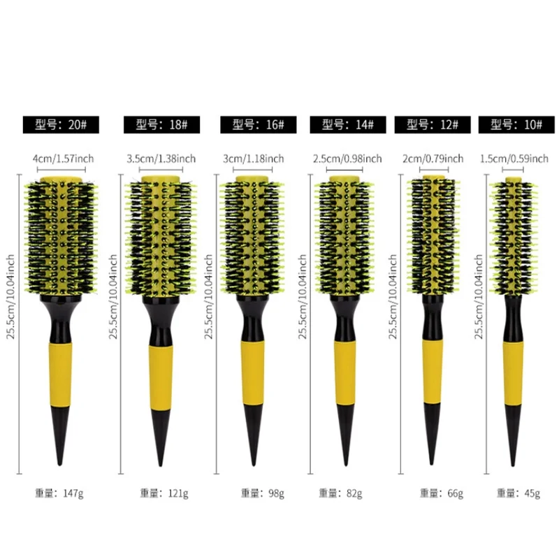 Professional 6pcs/set Yellow Wood Handle Boar Bristles Round Hair Comb Hairdressing Hair Brush Barber Salon Styling Tools