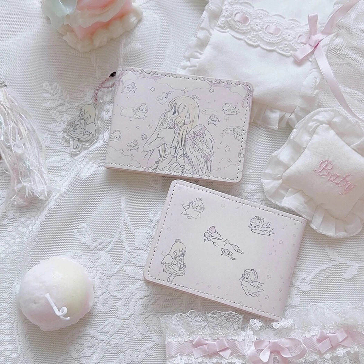 Pink 2 Slots Card Holder Cartoon Girl Printing Driver License Cover PU Leather Slim ID Protector Card Protective Cover Pendant