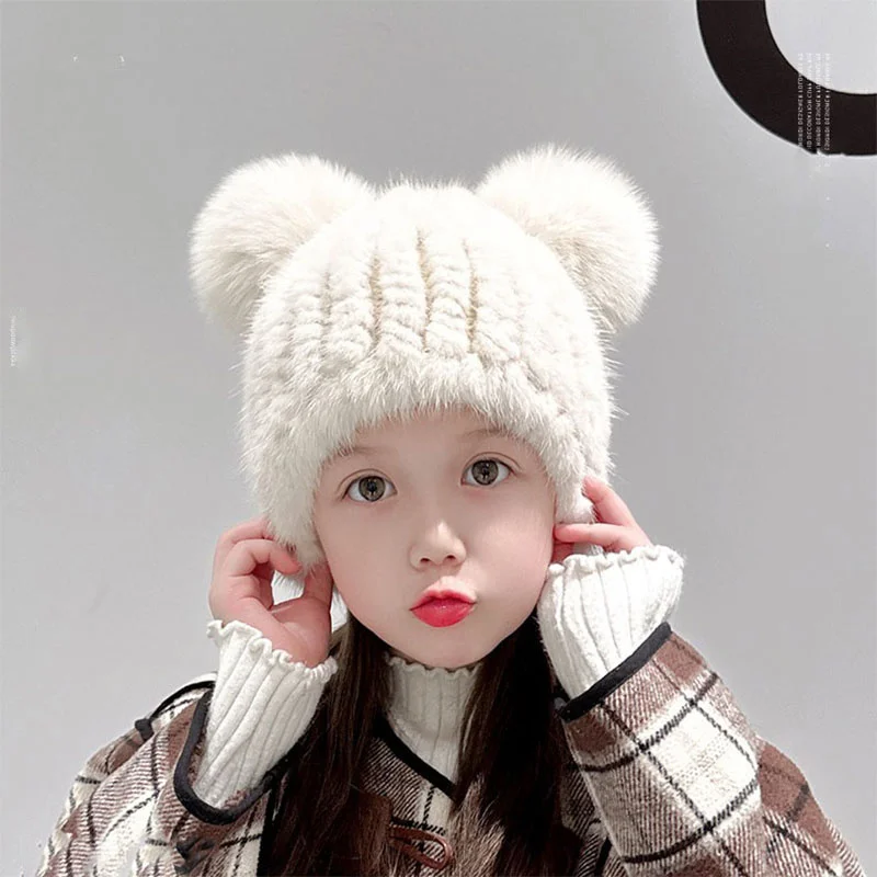 

Winter Warm Children's Elastic Hat New Thickened Baby Real Fur Casual Plush Knitted Hat Outdoor Fashion Ski Hat