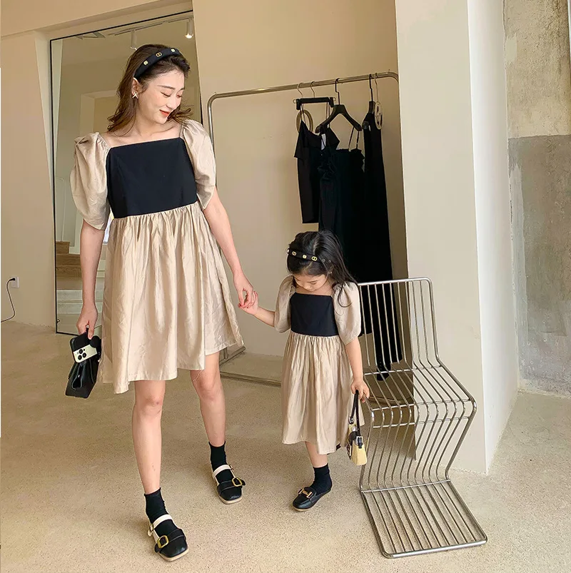 Parent-child Wear Summer New Mother and Daughter Dresses Girls Baby Color Contrast Dress  family matching clothes