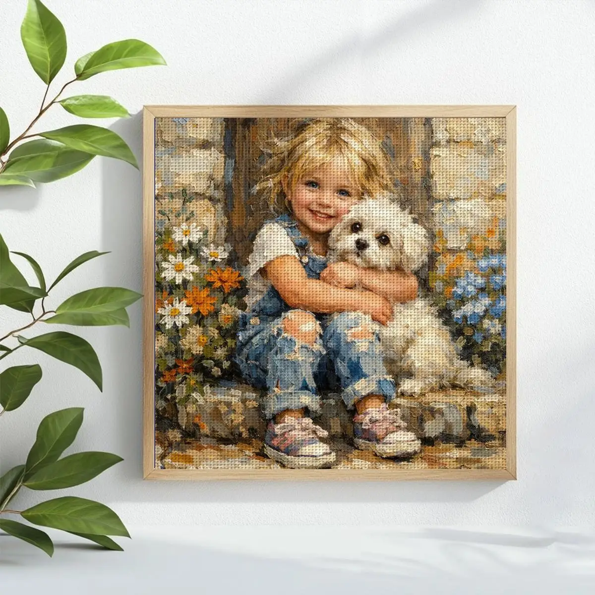 1 Stück 40x40 cm/15,74 Zoll Kreuzstich-Set mit Mädchen- und Hundemotiv, DIY-Set 11CT/14CT, DIY-Stickset, DIY-Kreuzstich-Set – Detail 1