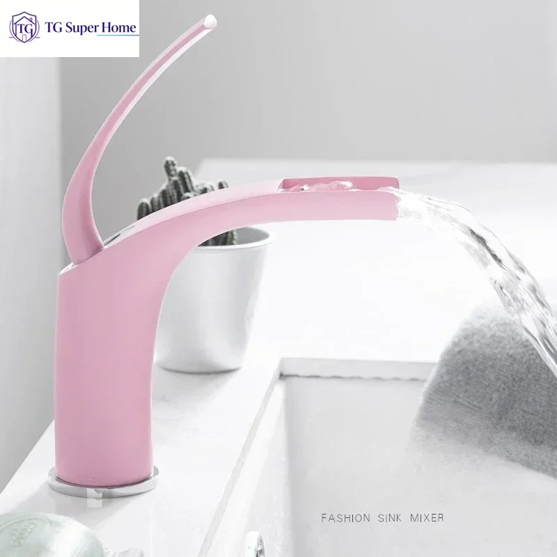 Basin Faucets Pink Love Color Waterfall Faucet Bathroom Faucet Hot and Cold Basin Mixer Tap Faucet Brass Sink Wash Crane