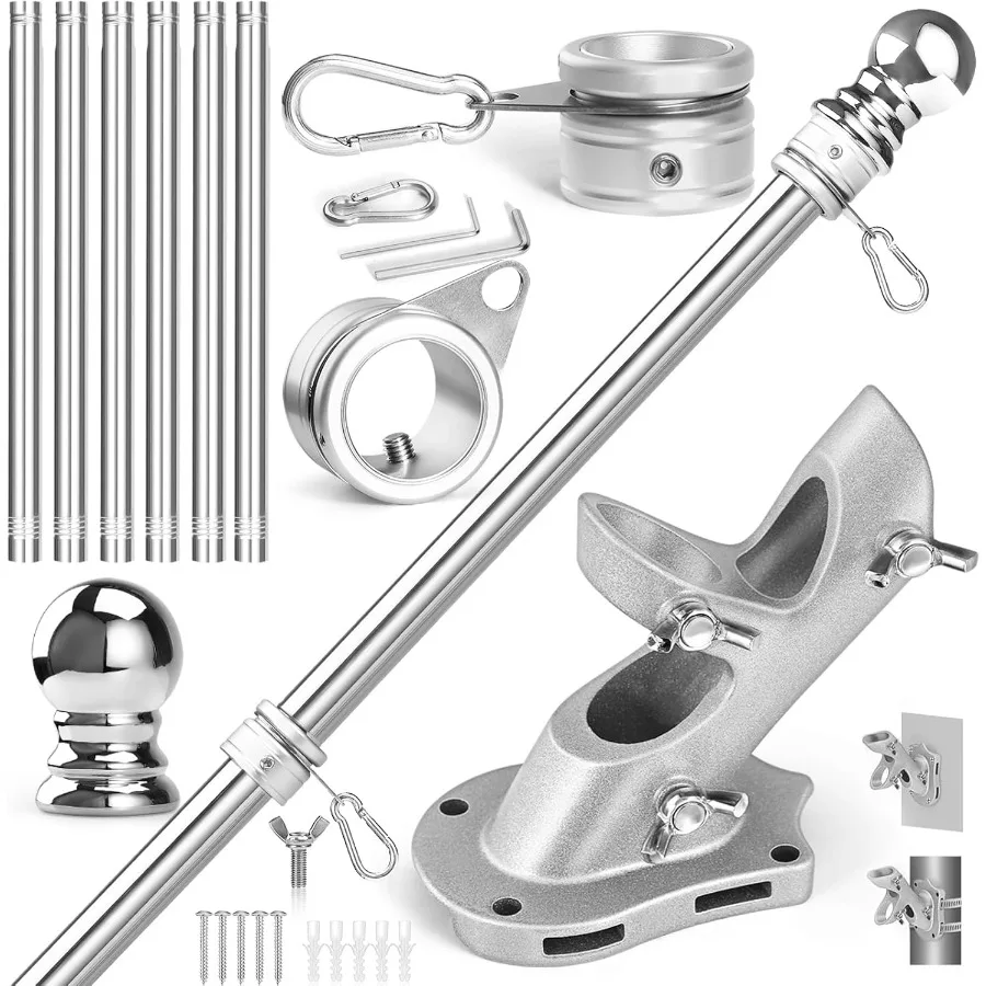 

Комплект флагштока Anovo из нержавеющей стали, 7 футов, флагштоки с 1-дюймовым металлическим вращающимся на 360 градусов кольца для флагштока, зажим для двухпозиционного флагштока H