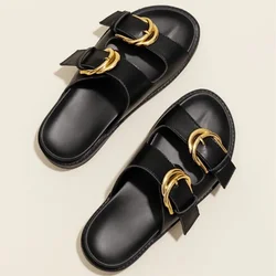 2024 Summer Retro Fashion Design Slide Slippers Women Black Soft Leather PU Metal Buckle Flat Sandals Light Non-Slip Beach Shoes