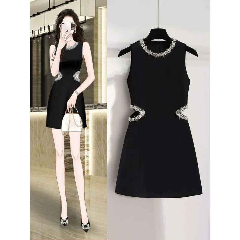 

French Waistless Cut-out Celebrity Dress Temperament Sleeveless High-end Waist Small Black Skirt with A Hollow Waist New Style