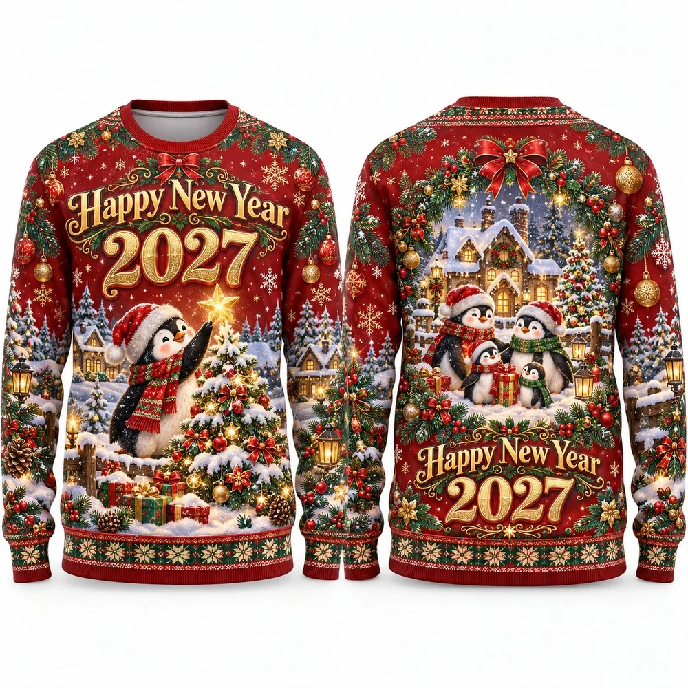 New Penguin Parade Welcomes Happy New Year 2027 with Sweaters and an Ugly Christmas Sweater Graphic of Ice Trees and Baubles