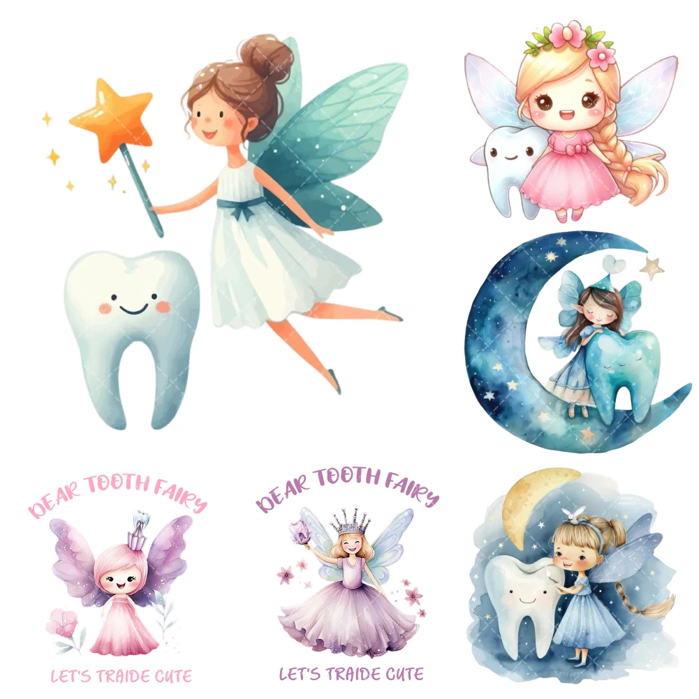 

Cute Tooth Fairy Patterns Heat Transfer Stickers Iron On Clothes Bags DTF Vinyl Thermal Appliques Washable DIY Patches