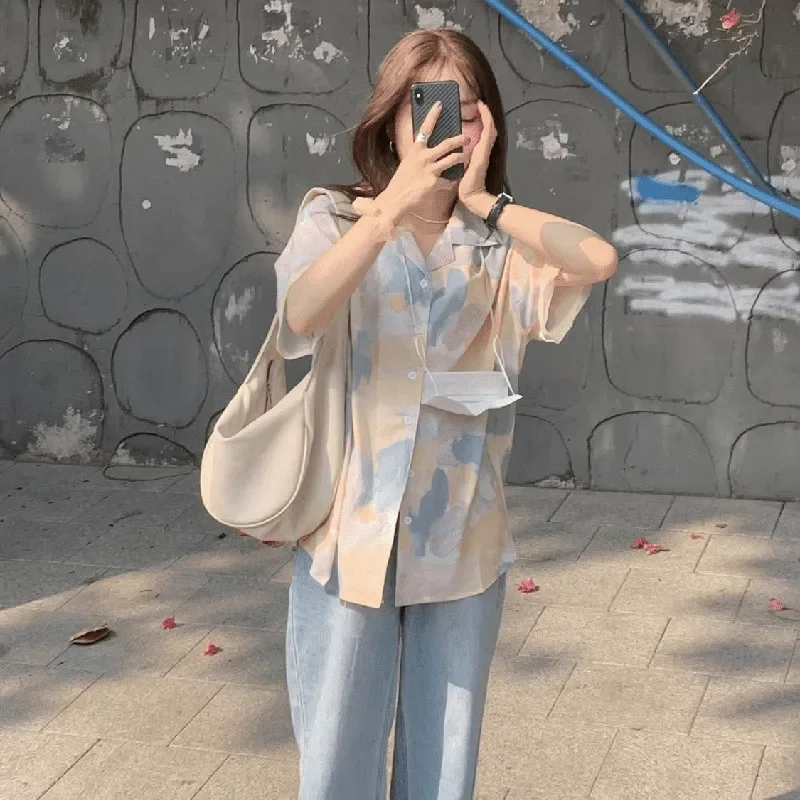 

Повседневные рубашки с коротким рукавом в стиле ретро, женские летние рубашки с принтом тай-дай, корейский стиль, Ulzzang, универсальные, милые, Camisas Mujer, Harajuku, мода