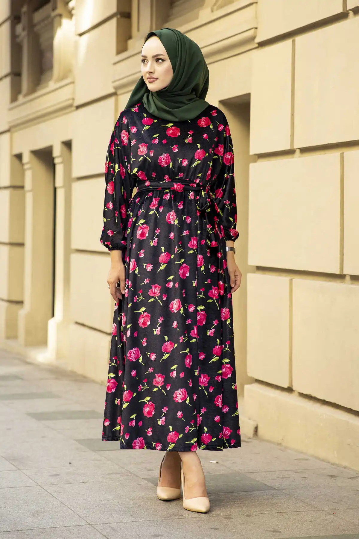 Floral veludo bat manga vestido padrão inverno outono 2021 muçulmano mulheres hijab lenço islâmico turquia