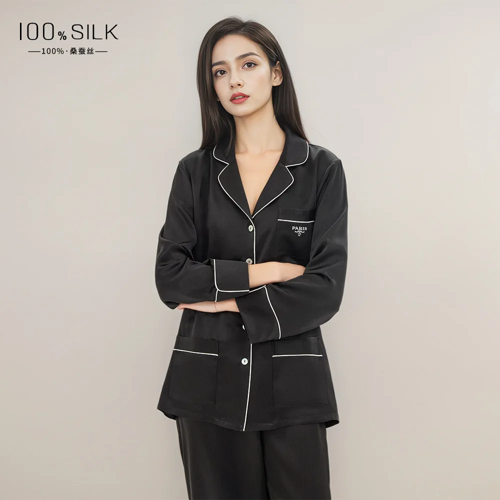 100% Mulberry Silk Black Pajama Sets for Women 19MM Heavy Silk Ladies Sleepwear Autumn Nightwear Long-sleeved Two-piece Suits