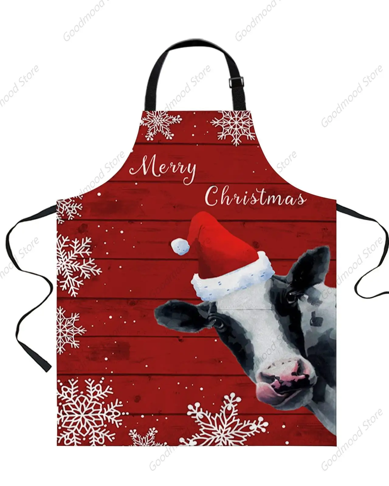 Merry Christmas Cow with White Snowflake Kitchen Aprons with Pockets, Red Wooden Stripes Grain Chef Aprons for Cooking