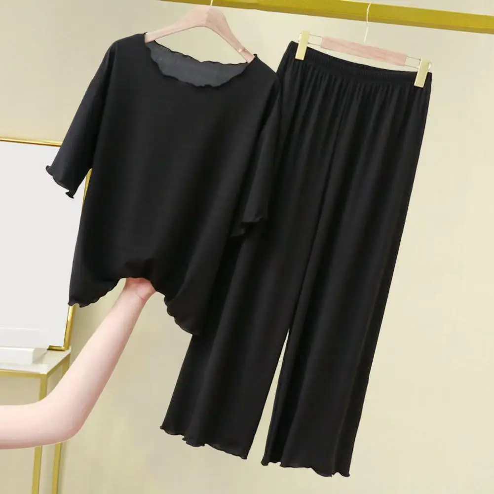 

Lady Casual Clothes Stylish Women's Blouse Pants Set Comfortable Homewear Outfit with Wide Leg Trousers Elastic Waist Shirring