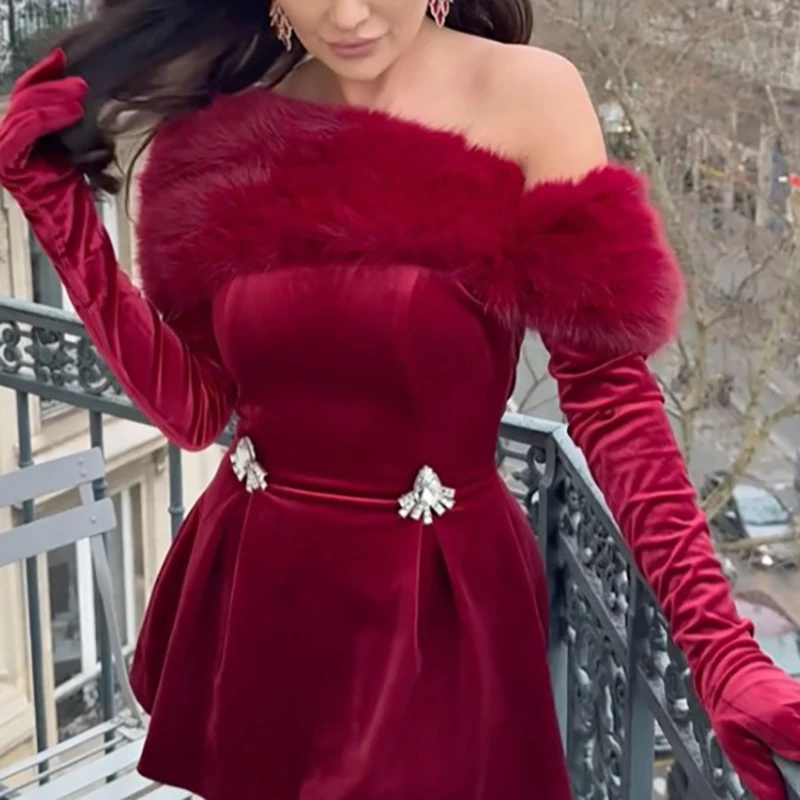 

Винтажное бархатное плиссированное платье для выпускного вечера с высокой талией Элегантное женское однотонное вечернее платье с шалью Сексуальное зимнее короткое платье с открытыми плечами