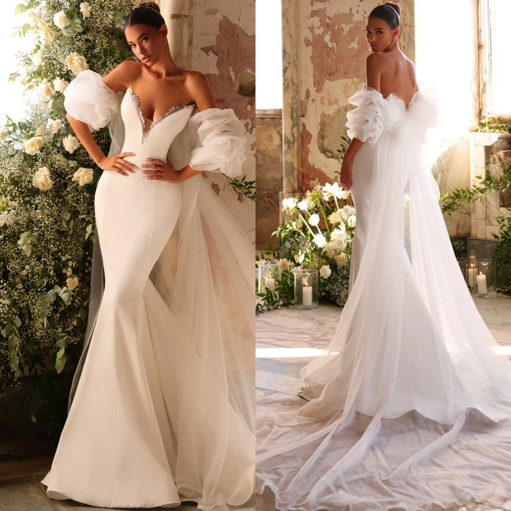 تخصيص كلاسيكي الأبيض جيرسي مساء اللباس الأنيق الخامس الرقبة أكمام فساتين الزفاف حساسة حورية البحر الدانتيل فساتين المشاهير #3