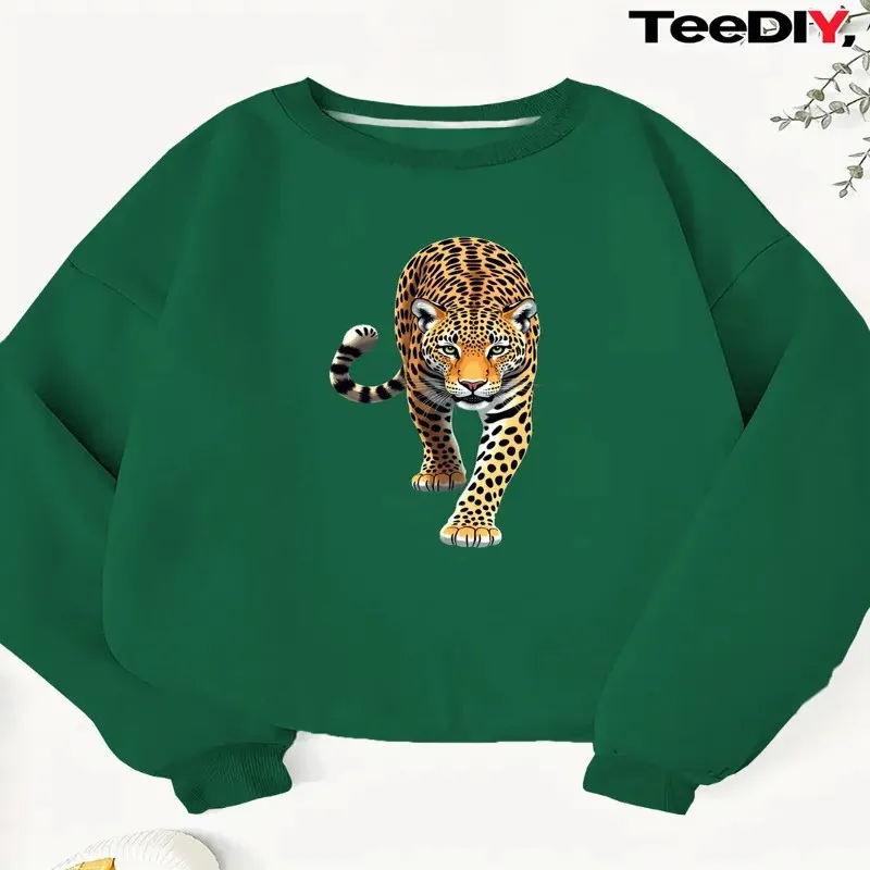 

Winter Fall Female Plus Size Clothes Women Oversize Sweatshirt Realistic Leopard Print Art Graphic Cotton Fashionable Comfort